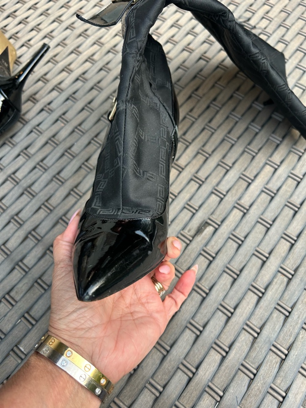 Versace Black Patent Leather Knee Boots with Gold Hardware - Picture 7 of 9